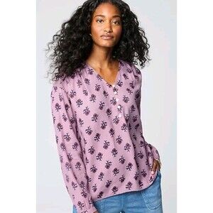 J Jill Top Womens Sz S Iris Floral Lavender Long Sleeve Blouse Organic Cotton